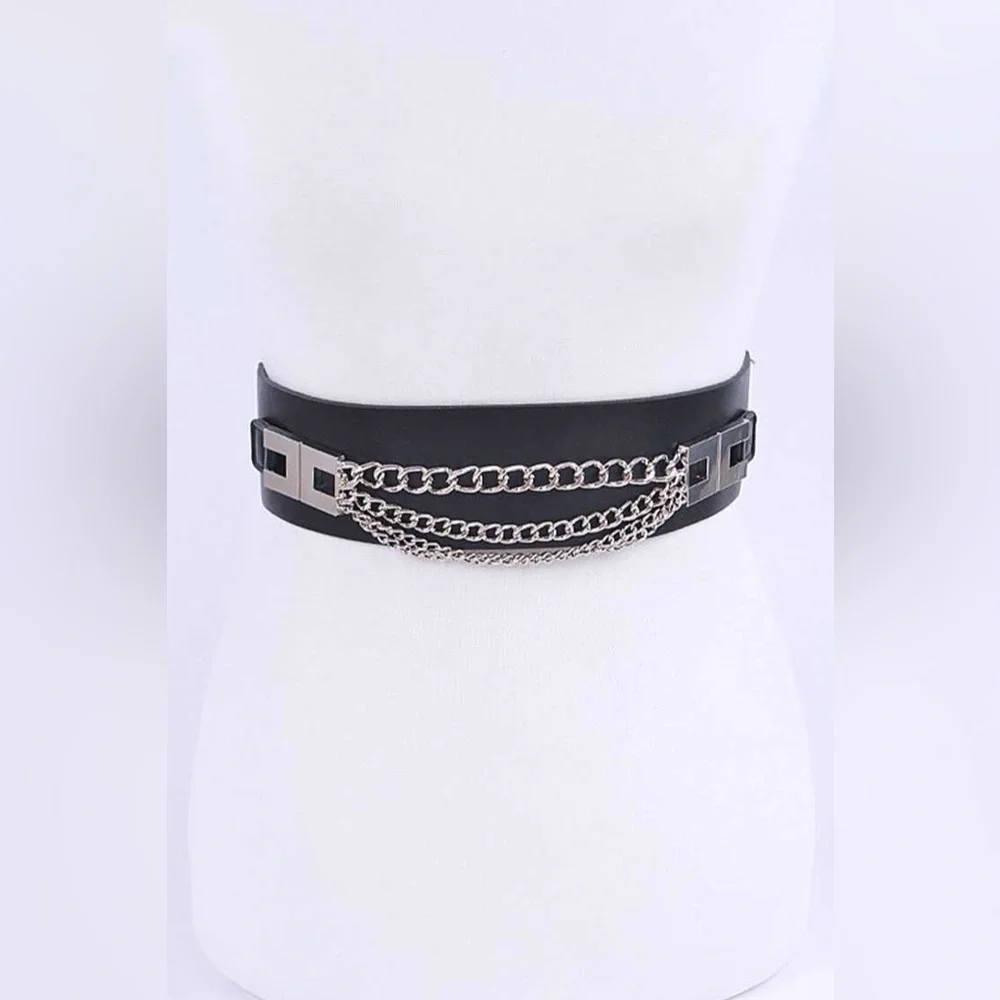 Black Waist Belt with Gold Chain Accent (3 Colors)